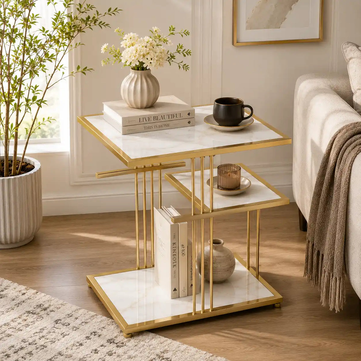 Modern Side Table with Marble Texture for Couch & Bedroom
