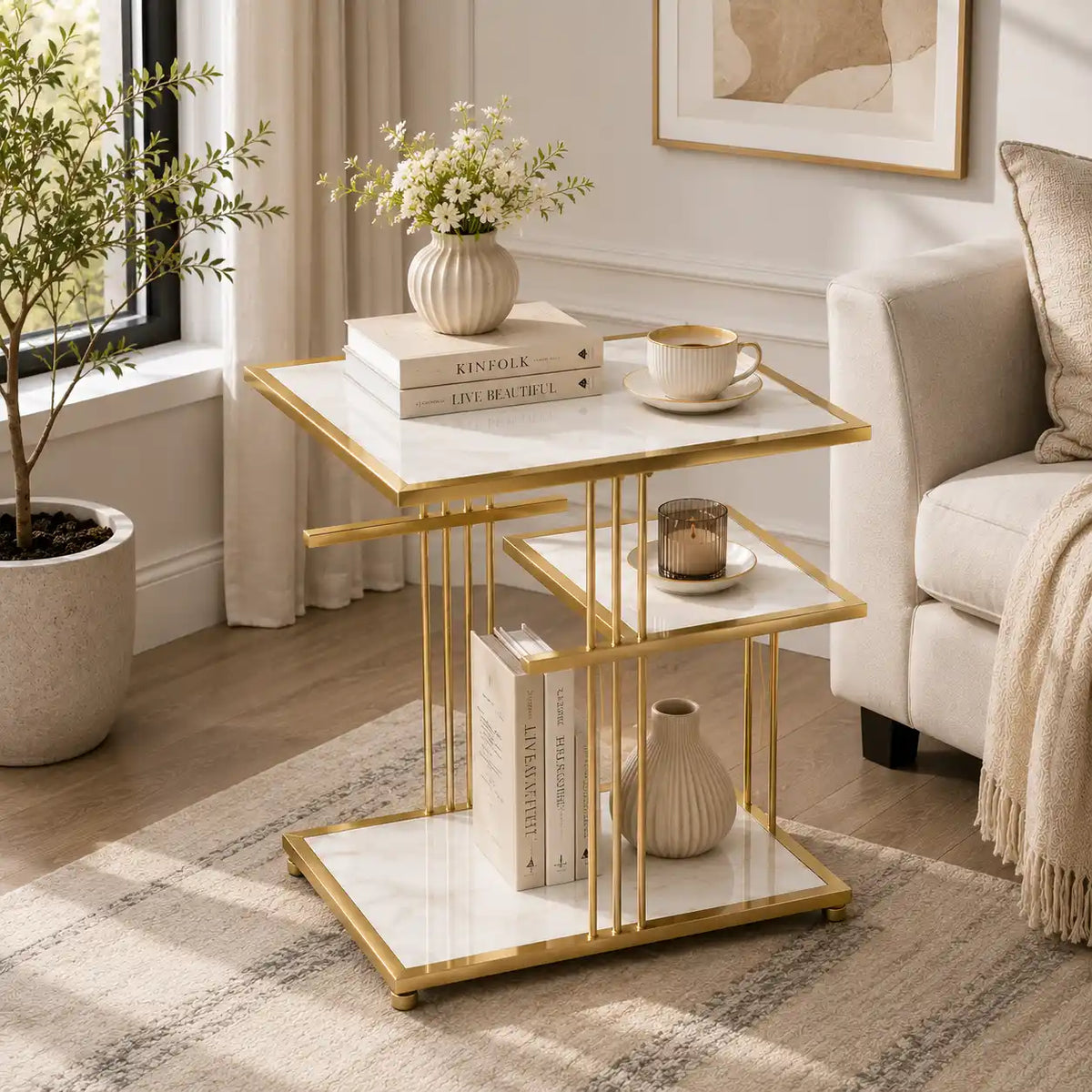 Modern Side Table with Marble Texture for Couch & Bedroom