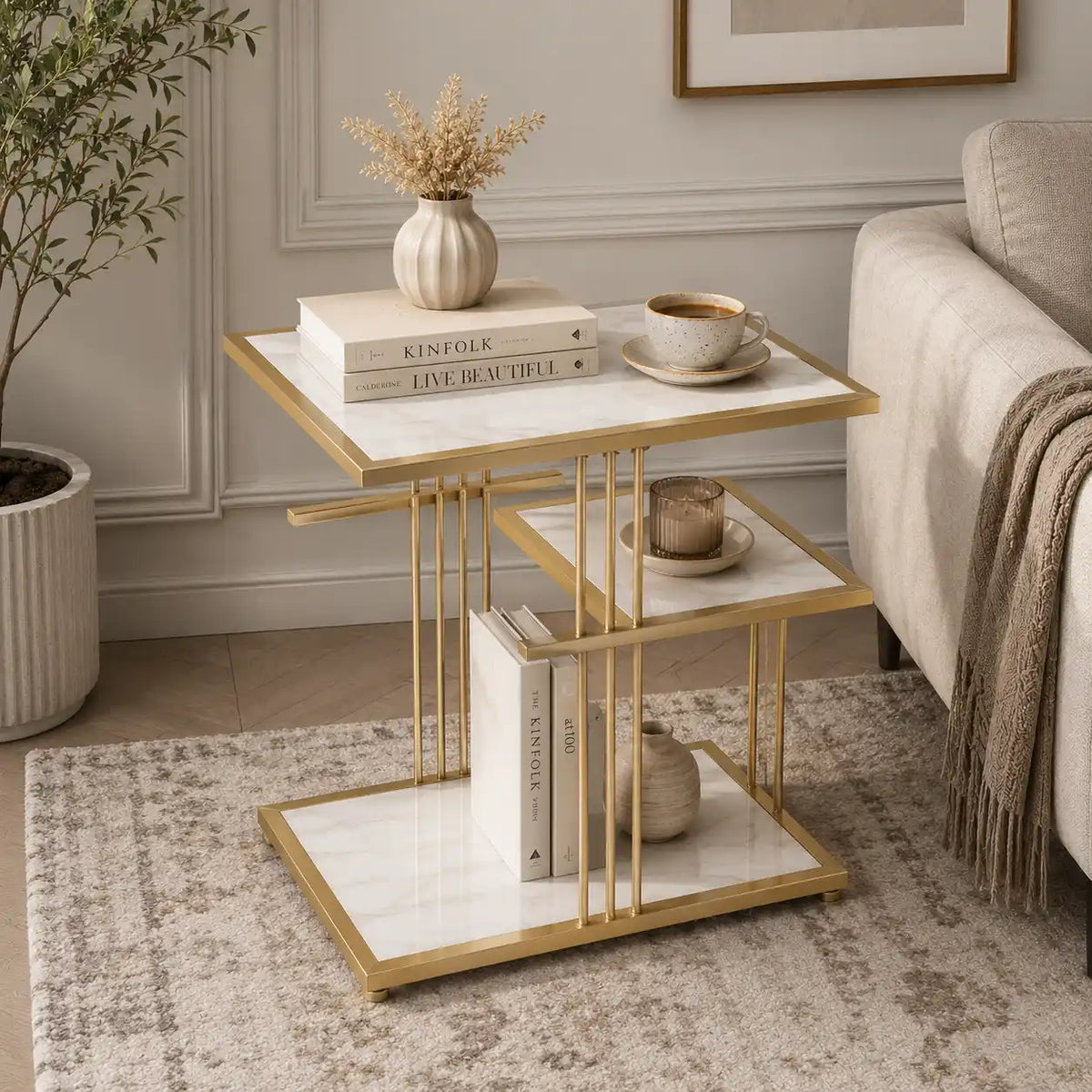 Modern Side Table with Marble Texture for Couch & Bedroom