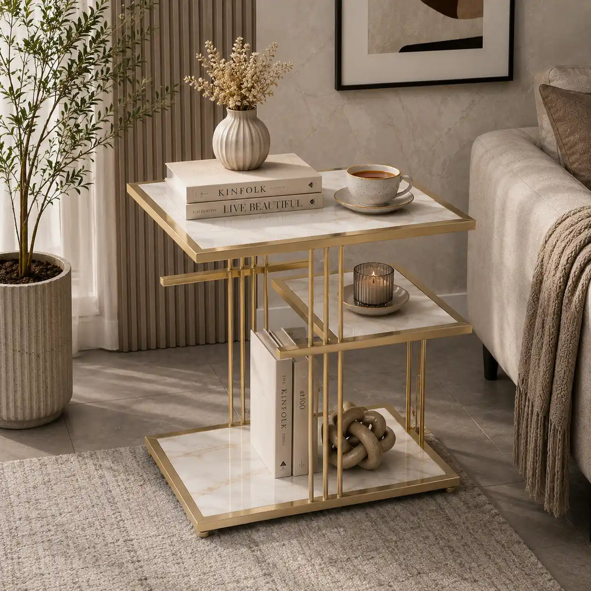 Modern Side Table with Marble Texture for Couch & Bedroom