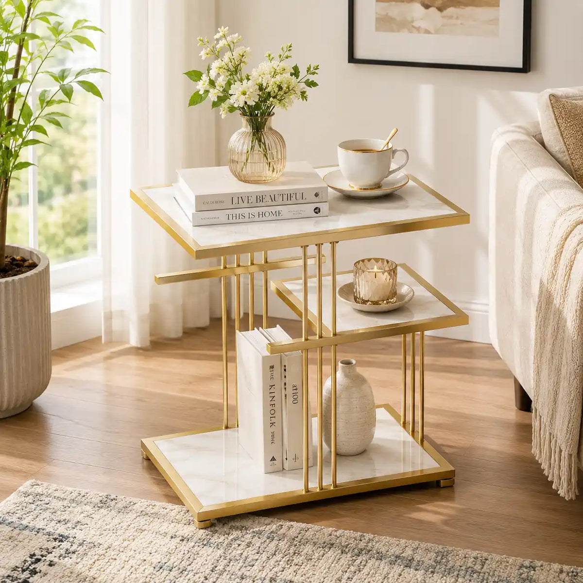 Modern Side Table with Marble Texture for Couch & Bedroom
