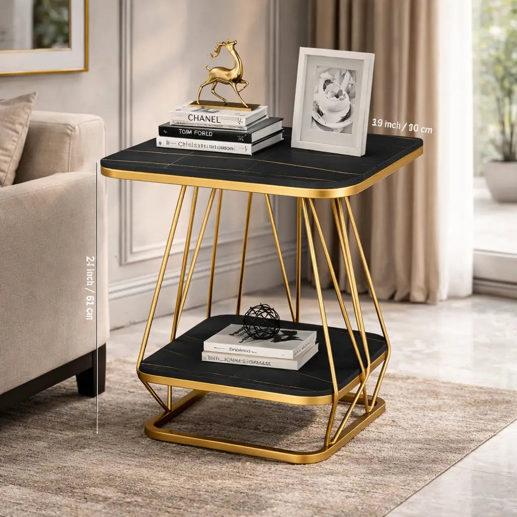 Modern Square Shaped Creative Artistic Golden Metal Finish with Black Marble