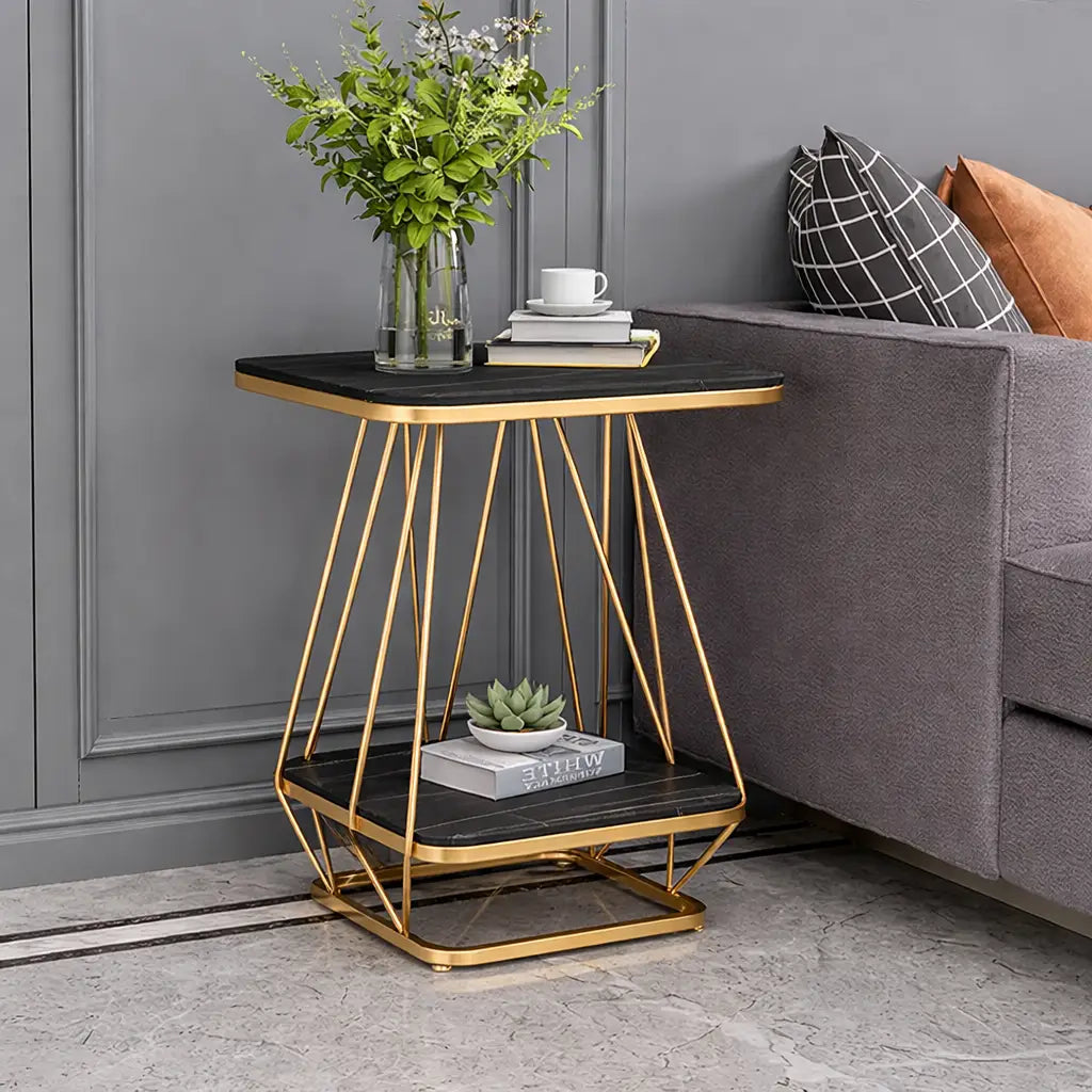 Modern Square Shaped Creative Artistic Golden Metal Finish with Black Marble