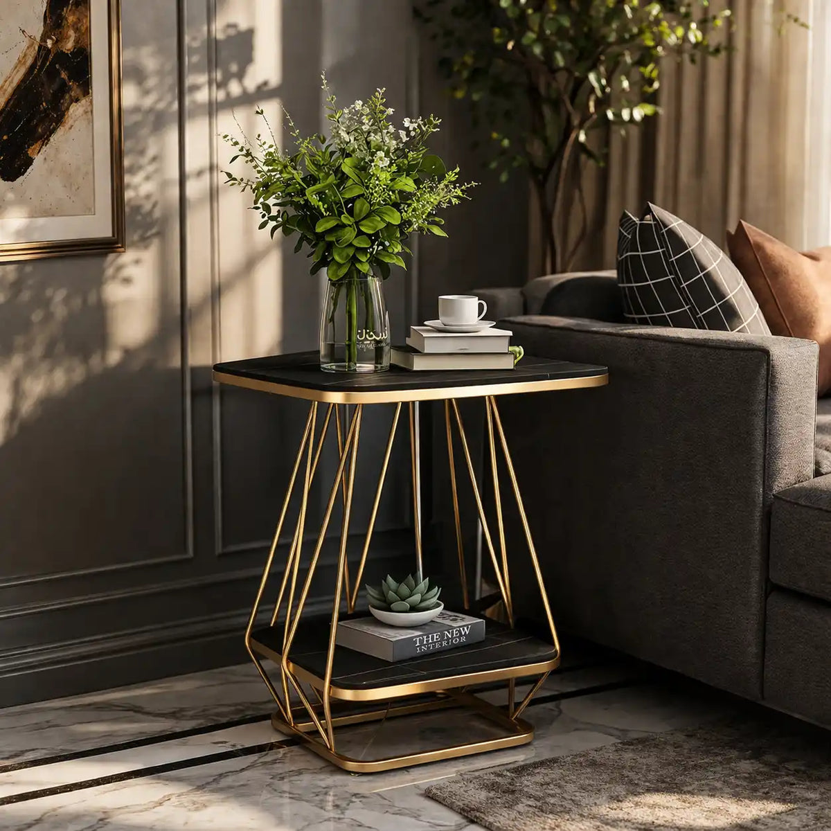 Modern Square Shaped Creative Artistic Golden Metal Finish with Black Marble