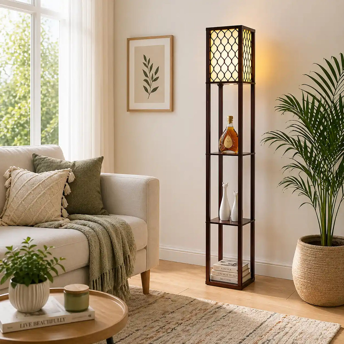 Modern Style Wooden Floor Lamp With Shelf For Living Room, Bedroom