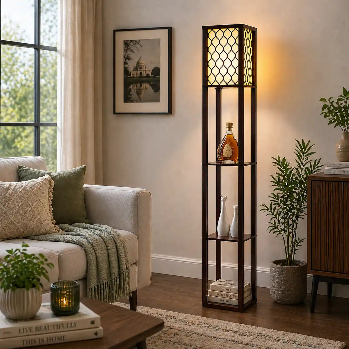 Modern Style Wooden Floor Lamp With Shelf For Living Room, Bedroom
