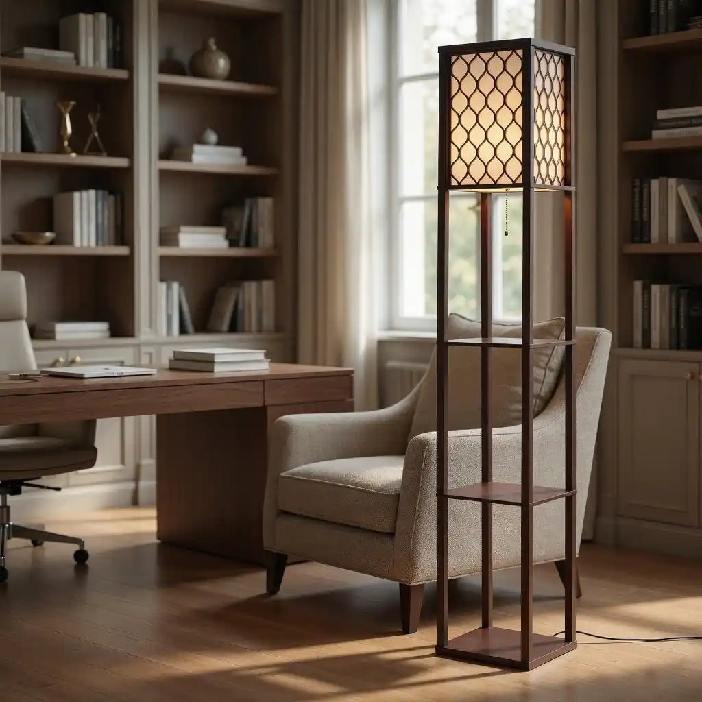 Modern Style Wooden Floor Lamp With Shelf For Living Room, Bedroom