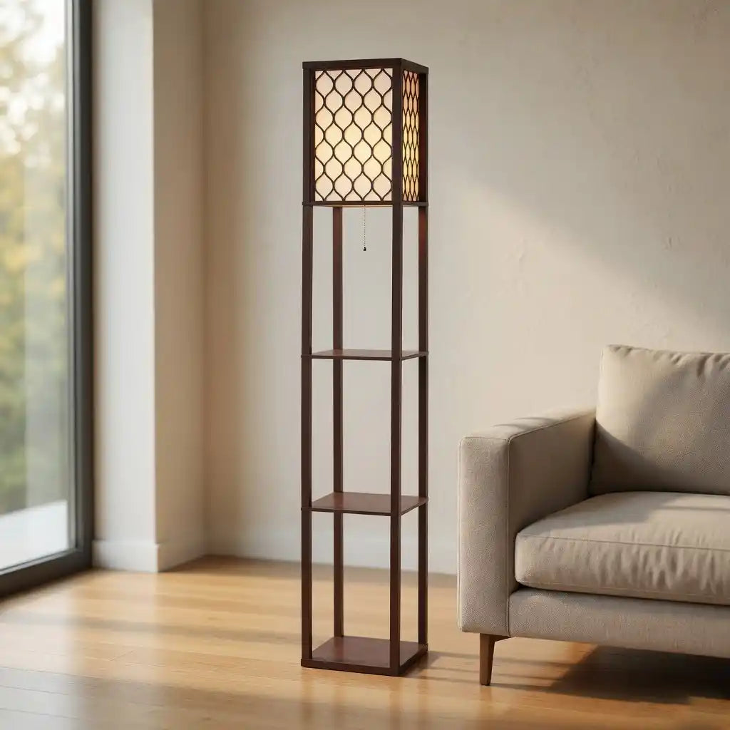 Modern Style Wooden Floor Lamp With Shelf For Living Room, Bedroom