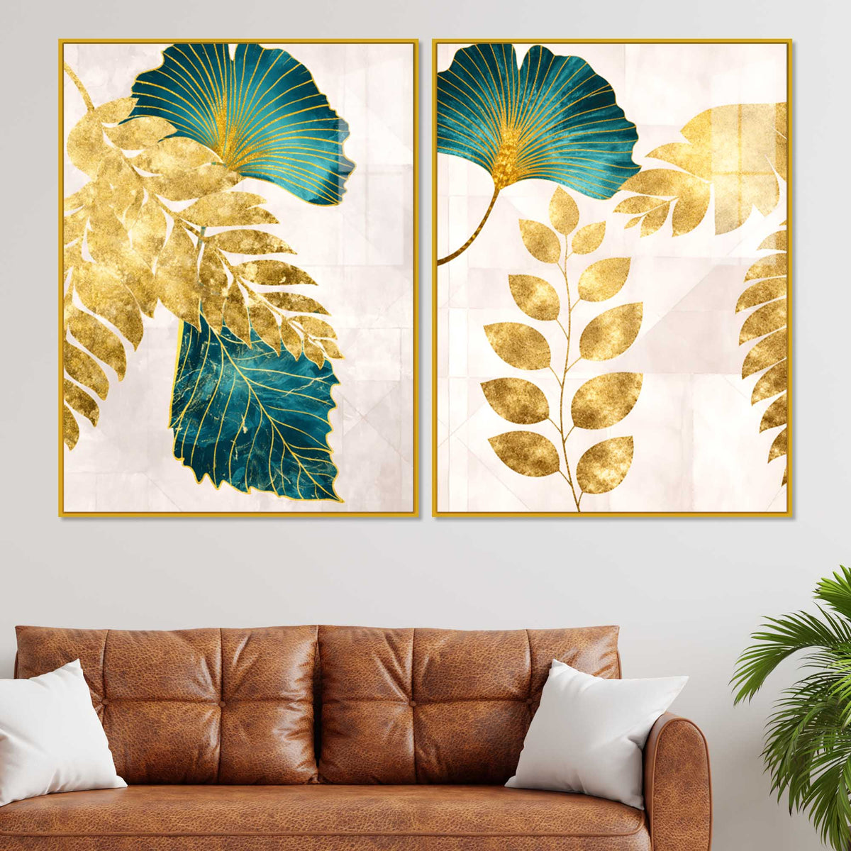 Modern Teal Blue and Gold Leaf Acrylic Floating Wall Painting Set of 2