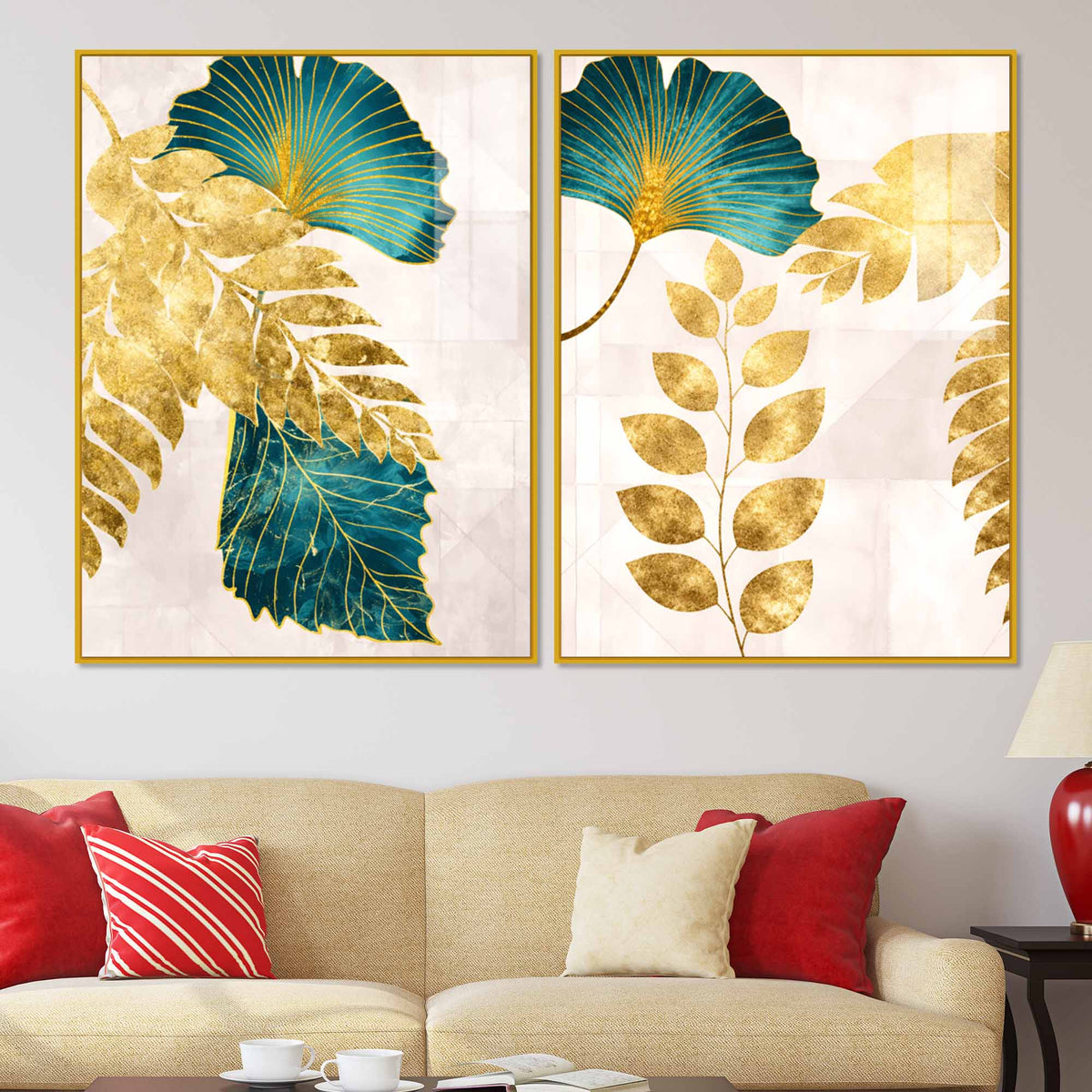 Modern Teal Blue and Gold Leaf Acrylic Floating Wall Painting Set of 2