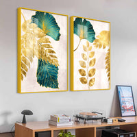 Modern Teal Blue and Gold Leaf Acrylic Floating Wall Painting Set of 2