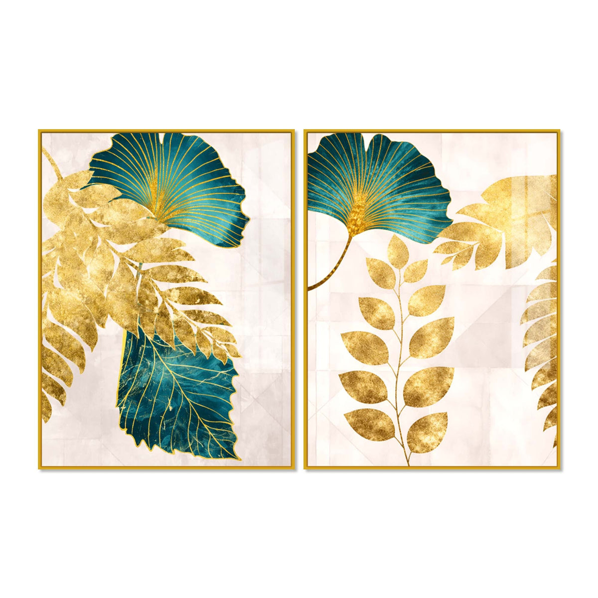 Modern Teal Blue and Gold Leaf Acrylic Floating Wall Painting Set of 2