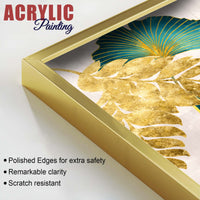 Modern Teal Blue and Gold Leaf Acrylic Floating Wall Painting Set of 2