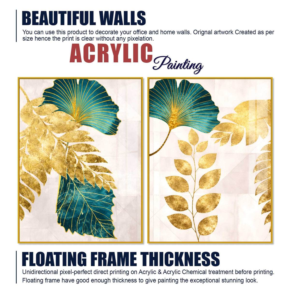 Modern Teal Blue and Gold Leaf Acrylic Floating Wall Painting Set of 2