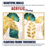 Modern Teal Blue and Gold Leaf Acrylic Floating Wall Painting Set of 2