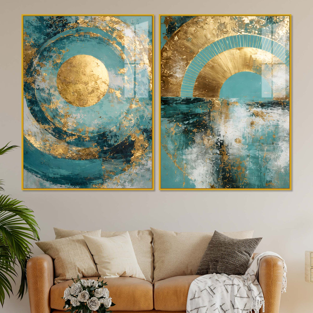 Modern Teal & Golden Geometric Abstract Acrylic Floating Wall Painting Set of 2