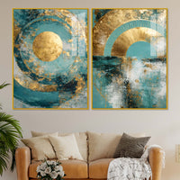 Modern Teal & Golden Geometric Abstract Acrylic Floating Wall Painting Set of 2
