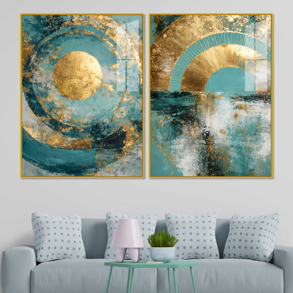Modern Teal & Golden Geometric Abstract Acrylic Floating Wall Painting Set of 2