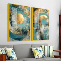 Modern Teal & Golden Geometric Abstract Acrylic Floating Wall Painting Set of 2