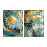 Modern Teal & Golden Geometric Abstract Acrylic Floating Wall Painting Set of 2
