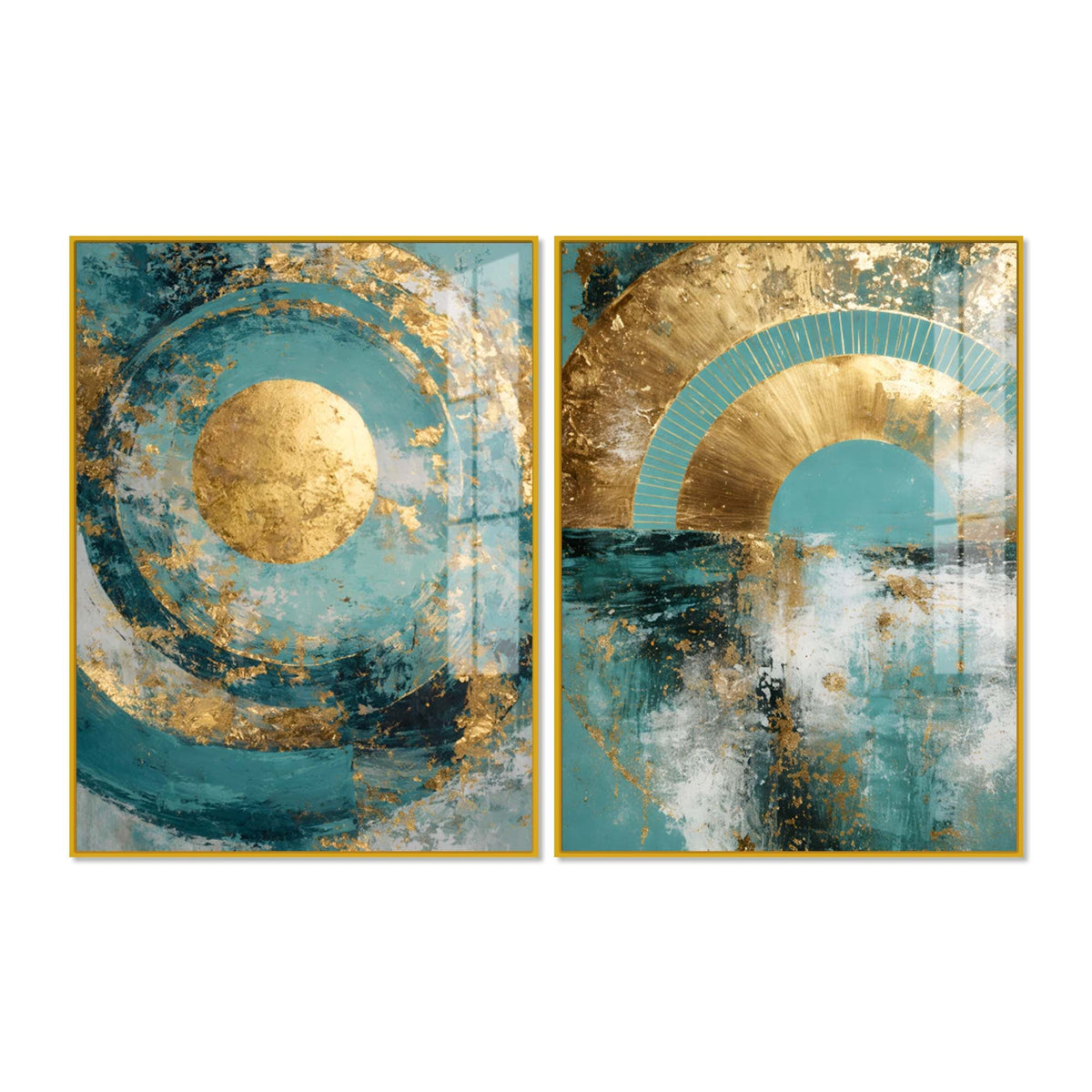 Modern Teal & Golden Geometric Abstract Acrylic Floating Wall Painting Set of 2