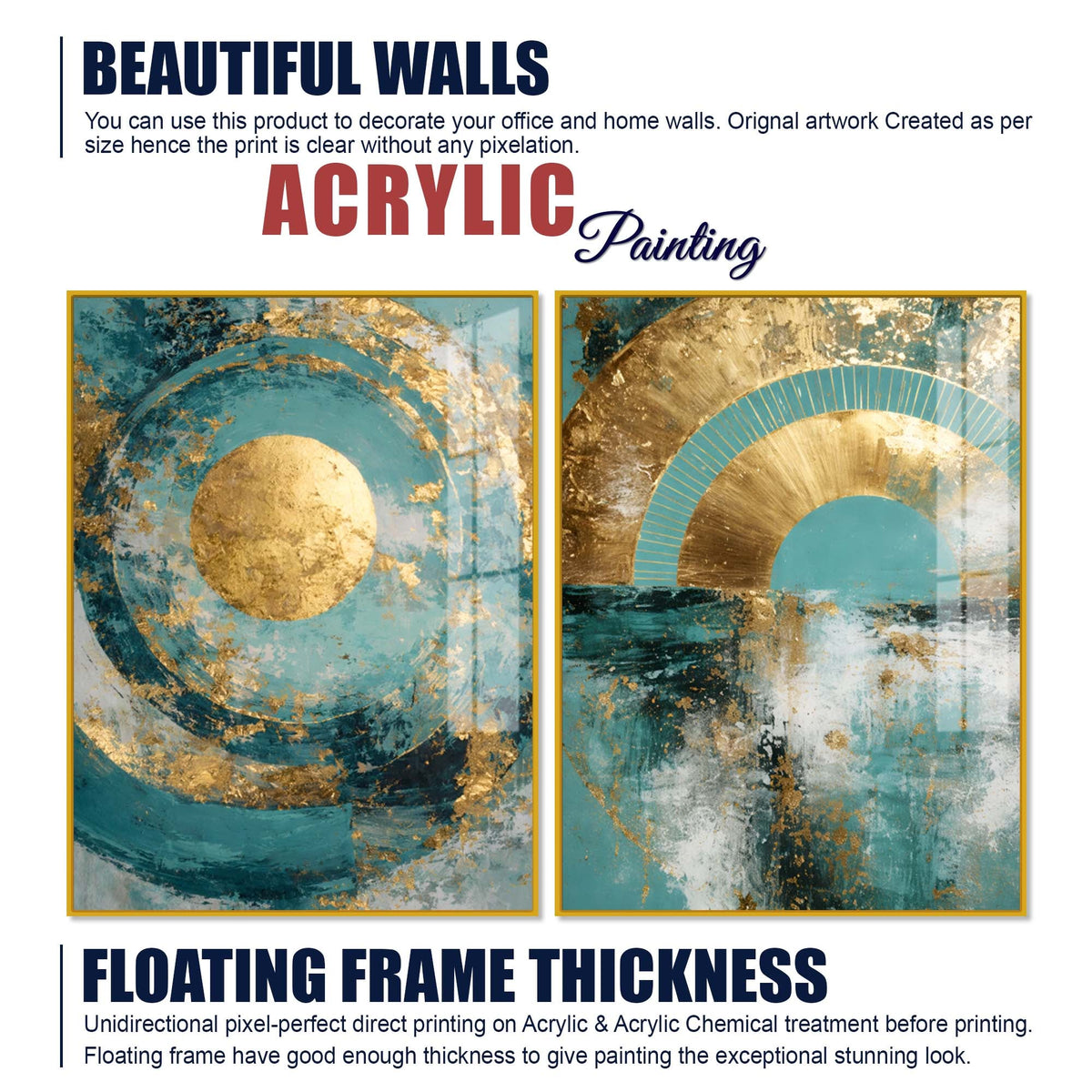 Modern Teal & Golden Geometric Abstract Acrylic Floating Wall Painting Set of 2