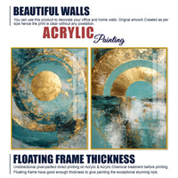 Modern Teal & Golden Geometric Abstract Acrylic Floating Wall Painting Set of 2