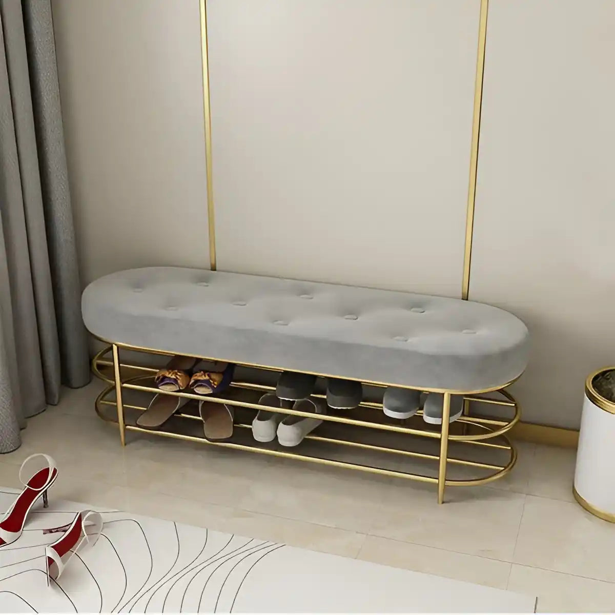 Modern Upholstered Gray Velvet Bench with Shoe Storage
