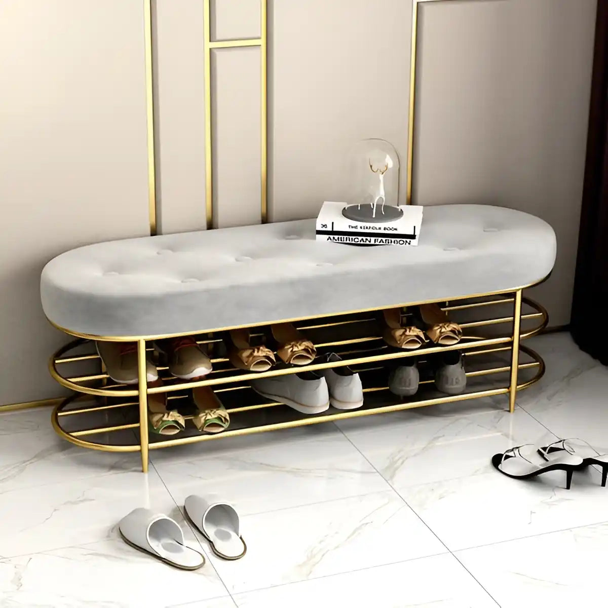 Modern Upholstered Gray Velvet Bench with Shoe Storage