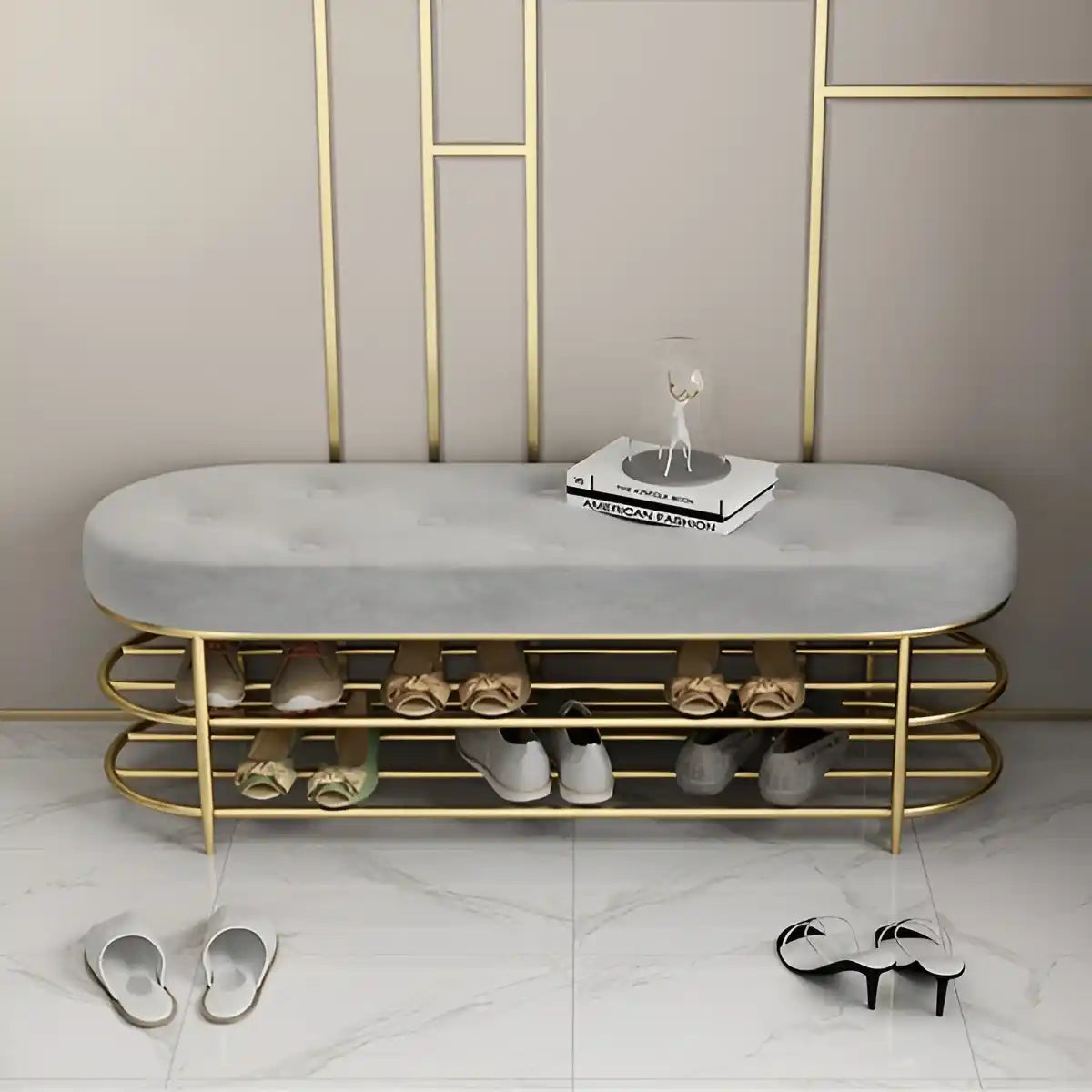 Modern Upholstered Gray Velvet Bench with Shoe Storage