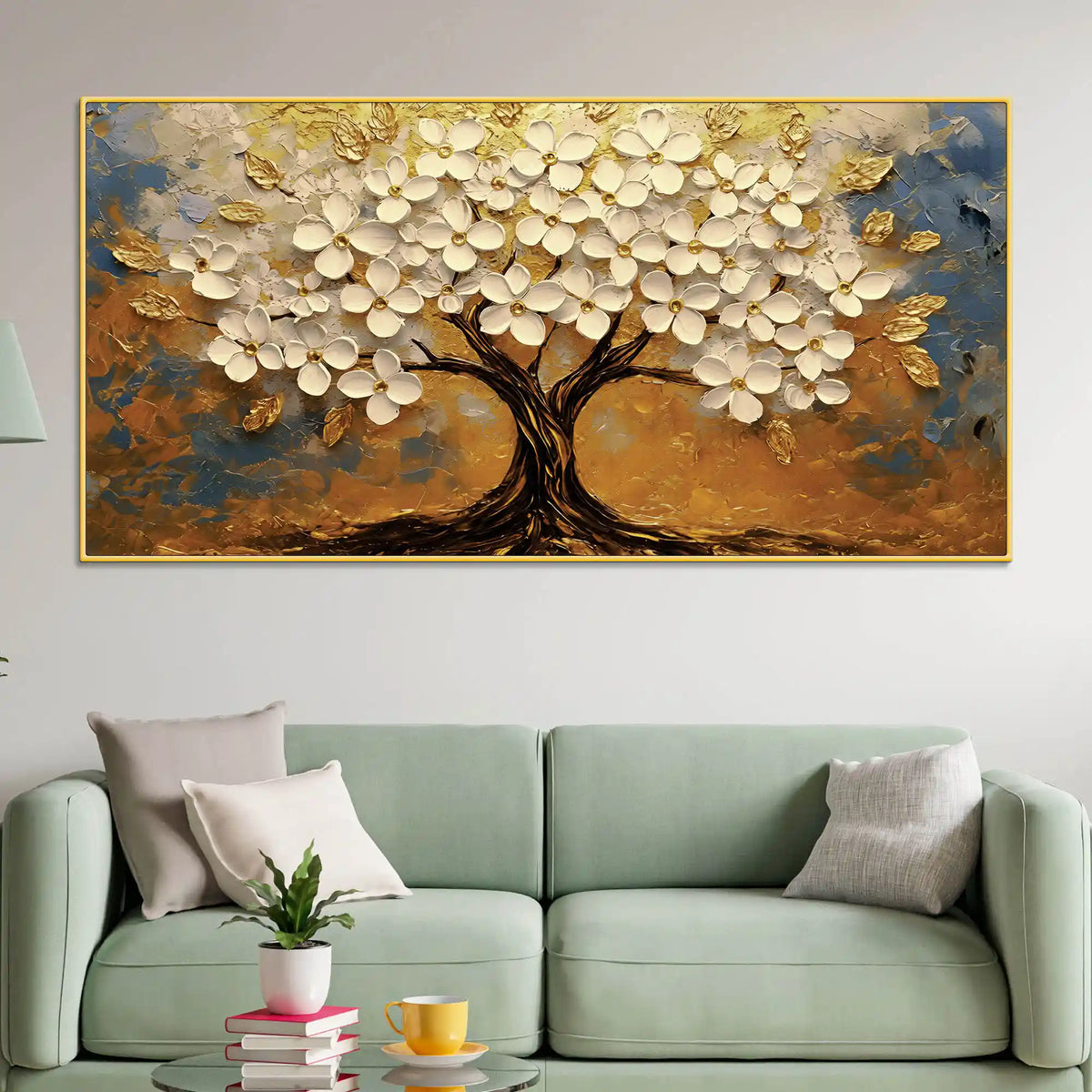 Modern White Floral Tree Canvas Painting for Living Room Décor