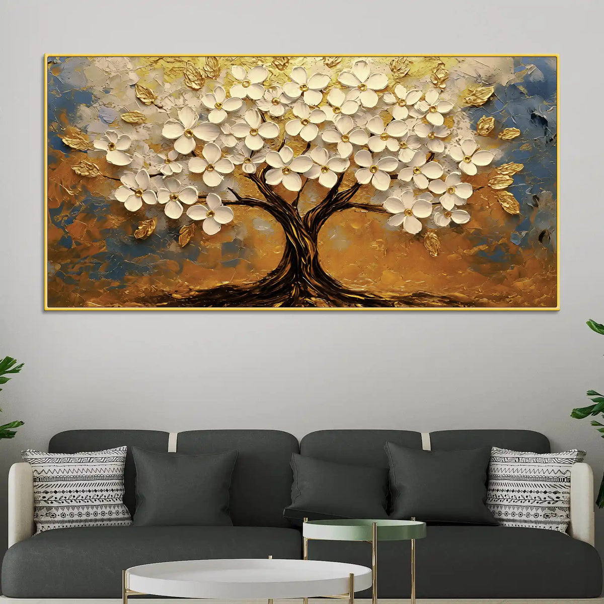 Modern White Floral Tree Canvas Painting for Living Room Décor