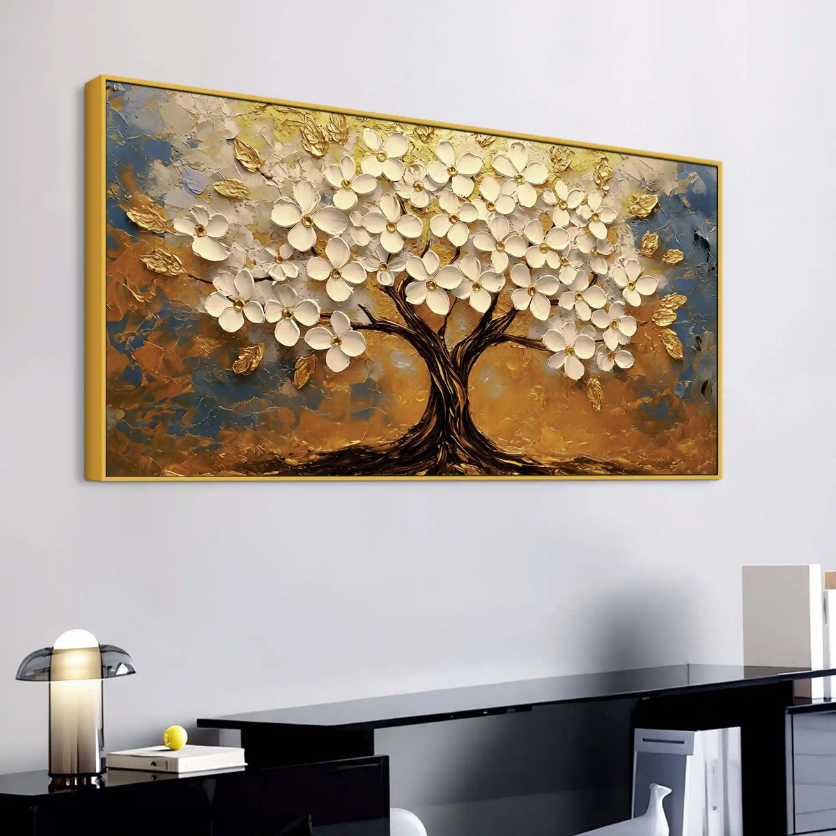 Modern White Floral Tree Canvas Painting for Living Room Décor