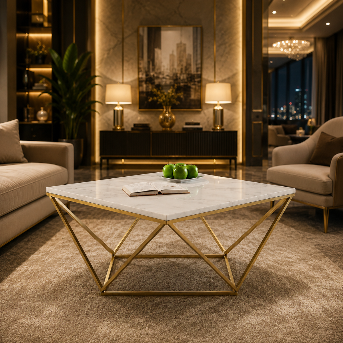 Modern White Marble Center Table with Golden Metal Base