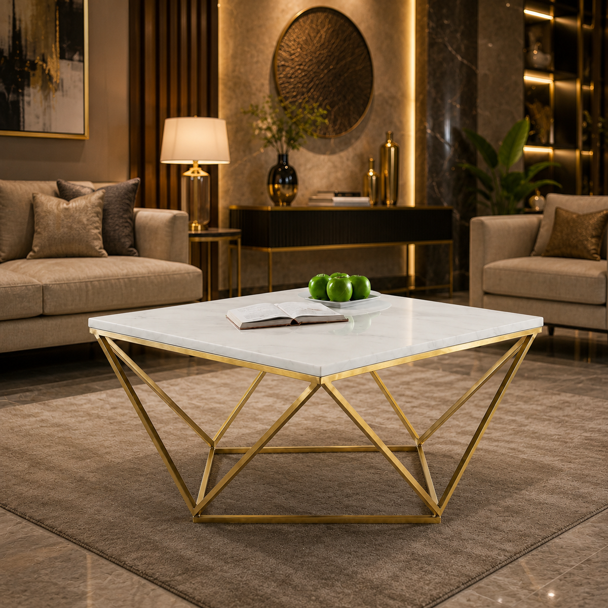Modern White Marble Center Table with Golden Metal Base