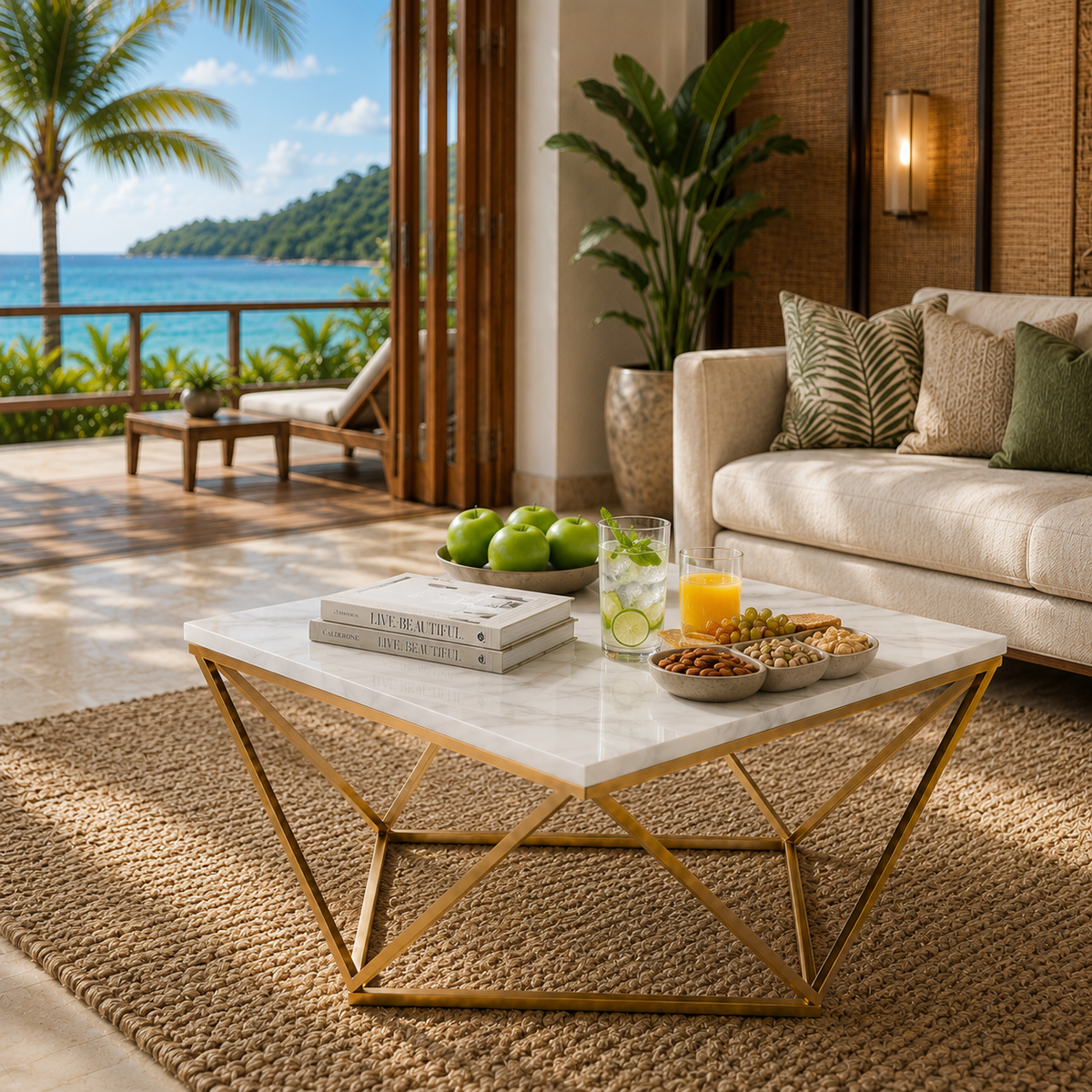 Modern White Marble Center Table with Golden Metal Base
