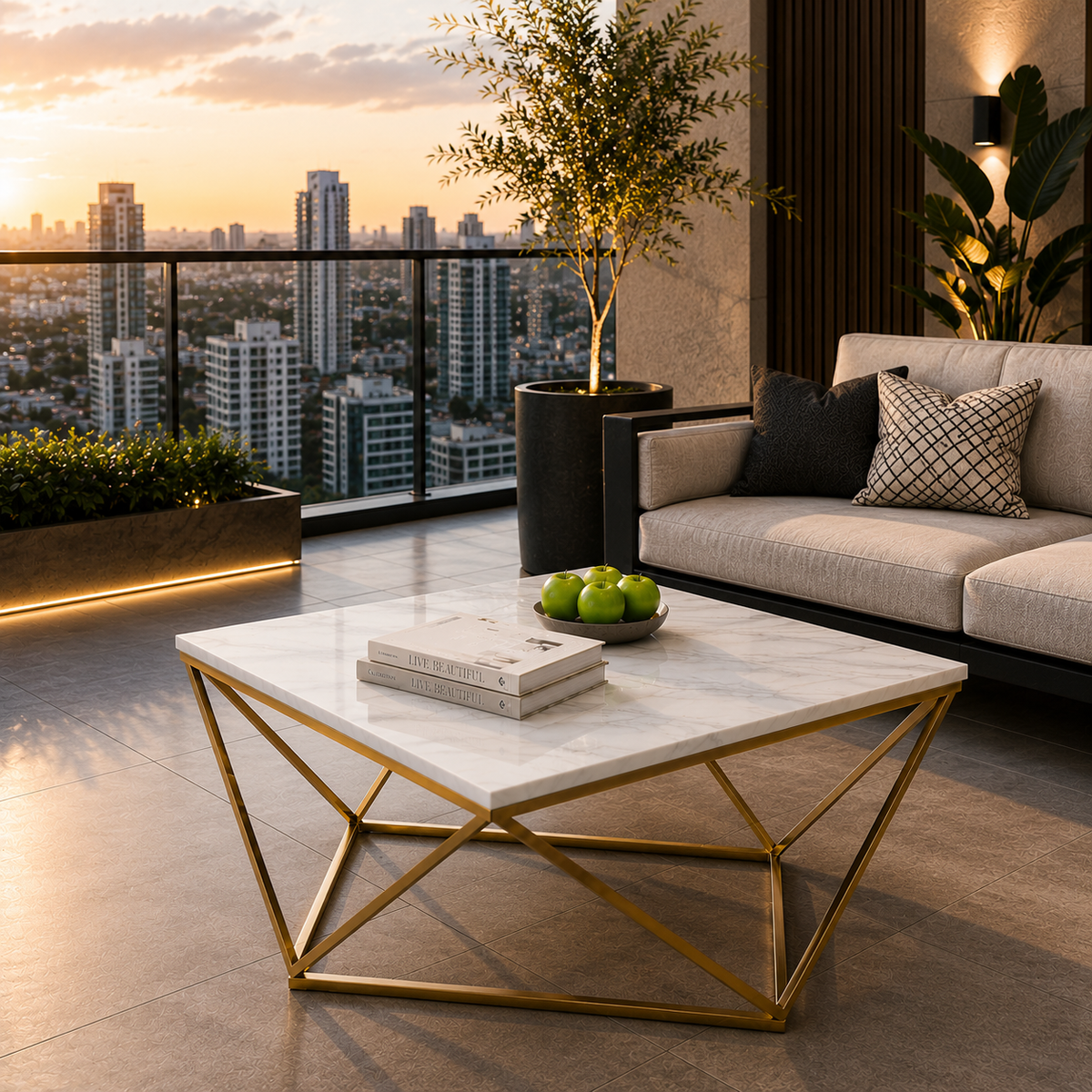 Modern White Marble Center Table with Golden Metal Base