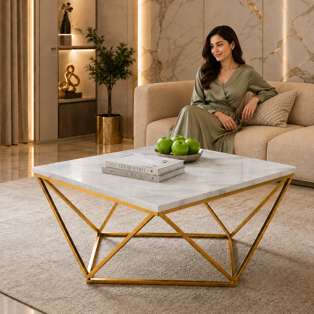 Modern White Marble Center Table with Golden Metal Base