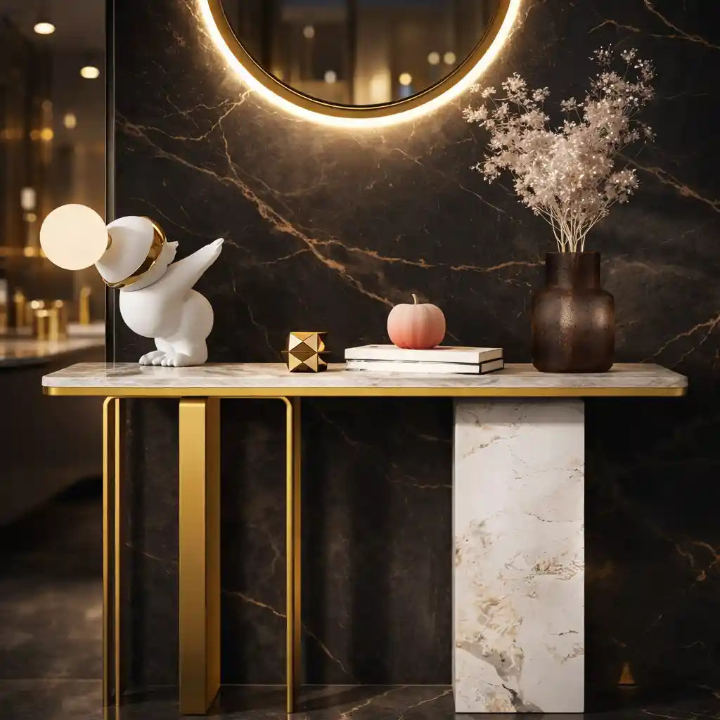 Modern White Marble Console Table with Dual-Leg Gold Design
