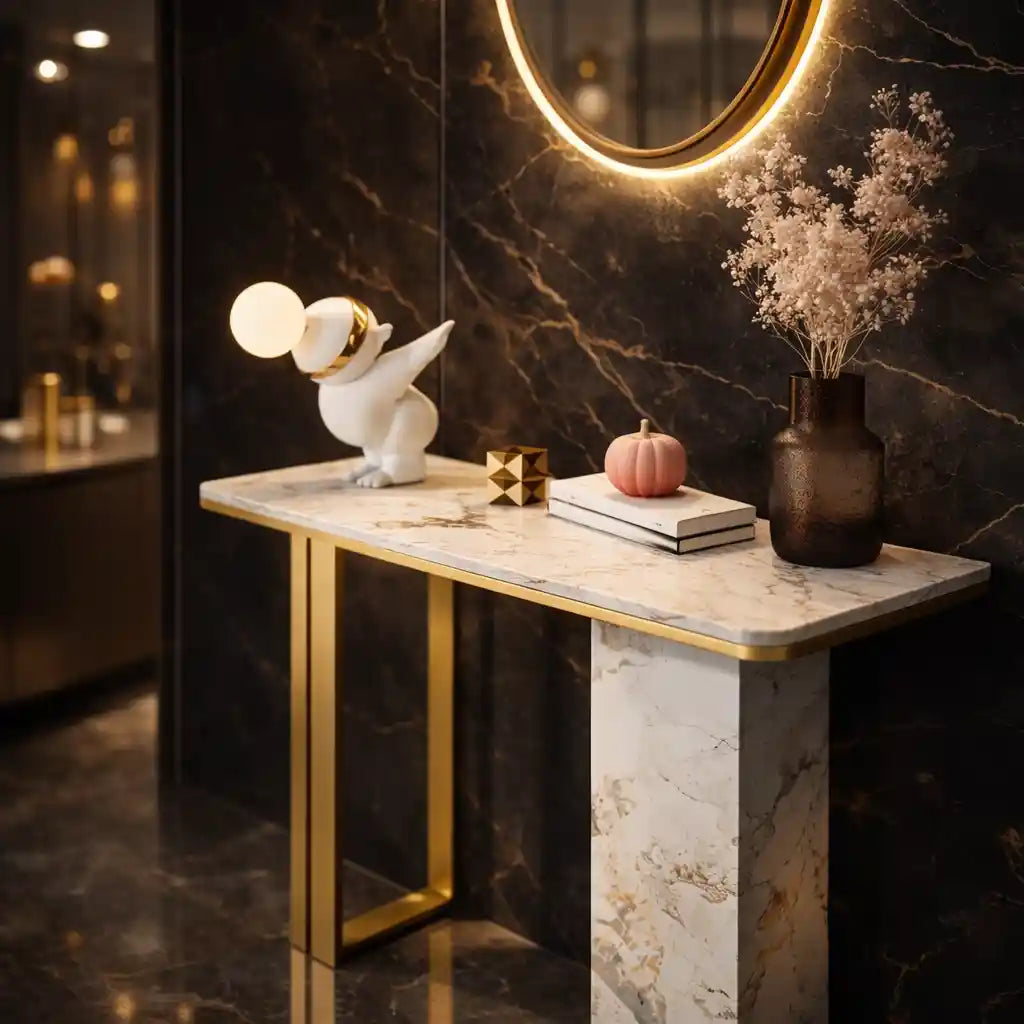 Modern White Marble Console Table with Dual-Leg Gold Design