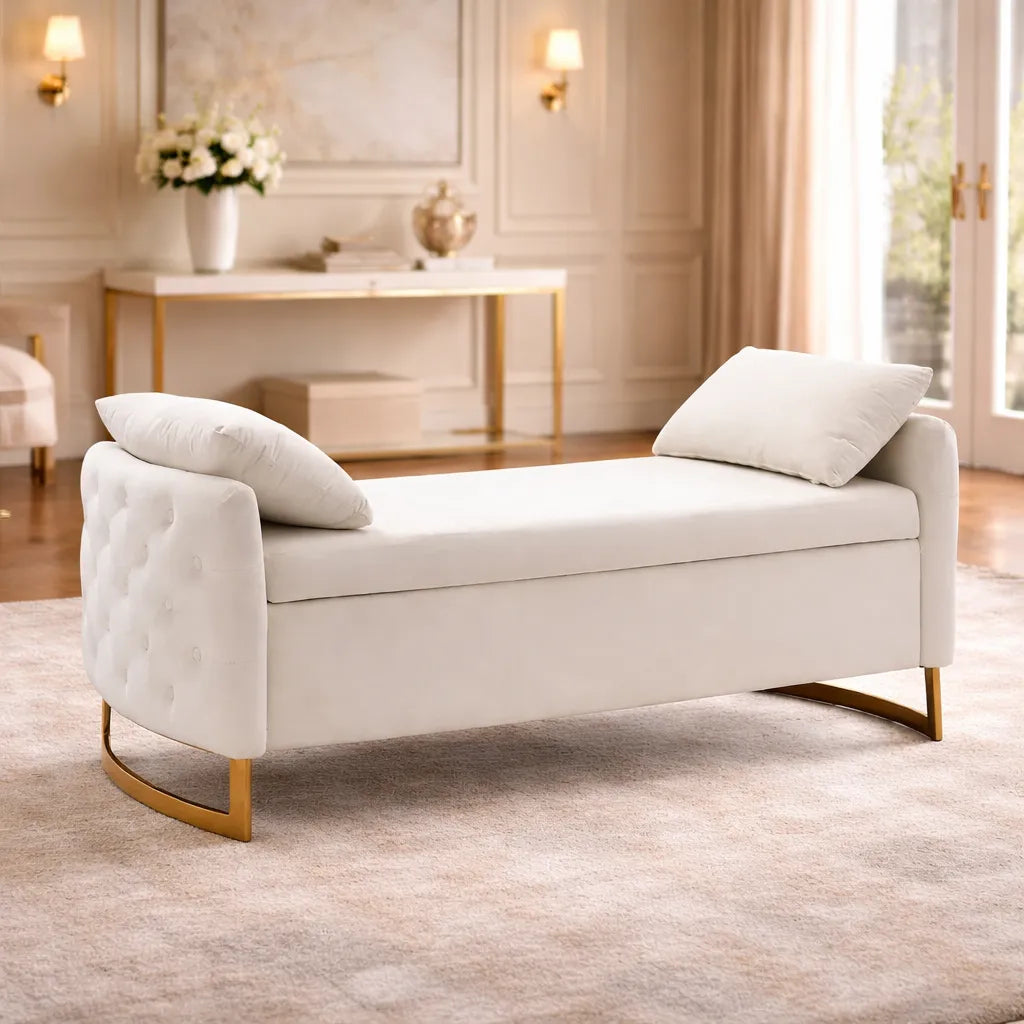 Modern White Upholstered Storage Bench with Gold Legs