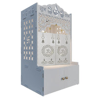 Modern White Wooden Floor Pooja Mandir with Doors Laser-Cut Om & Diya Design with Storage Cabinet