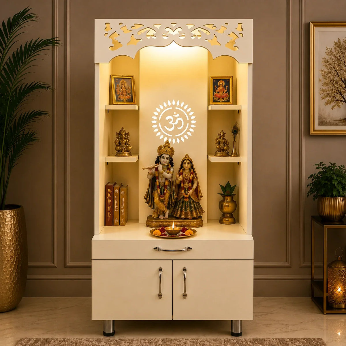 Modern Wooden Pooja Mandir with Om Design Back Panel & Storage Cabinet