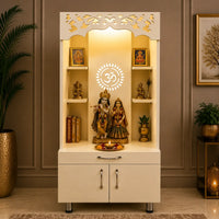 Modern Wooden Pooja Mandir with Om Design Back Panel & Storage Cabinet