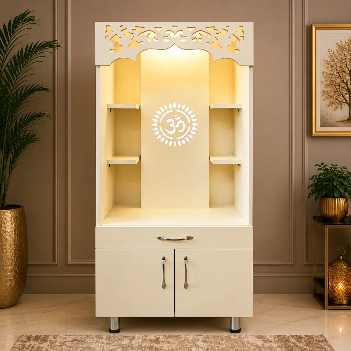 Modern Wooden Pooja Mandir with Om Design Back Panel & Storage Cabinet