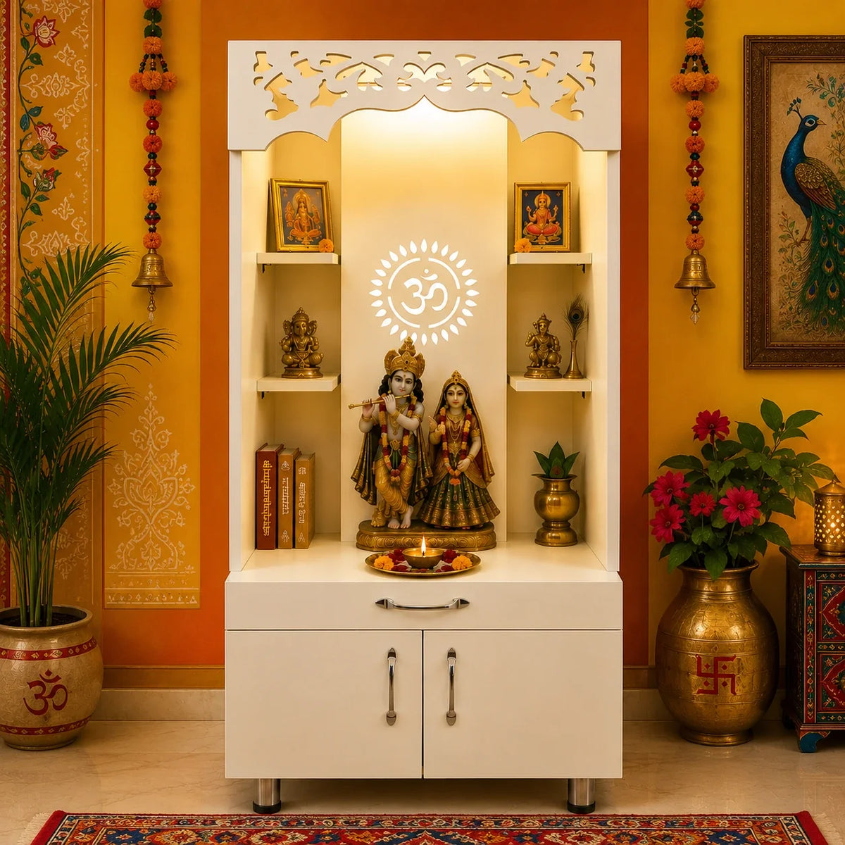 Modern Wooden Pooja Mandir with Om Design Back Panel & Storage Cabinet