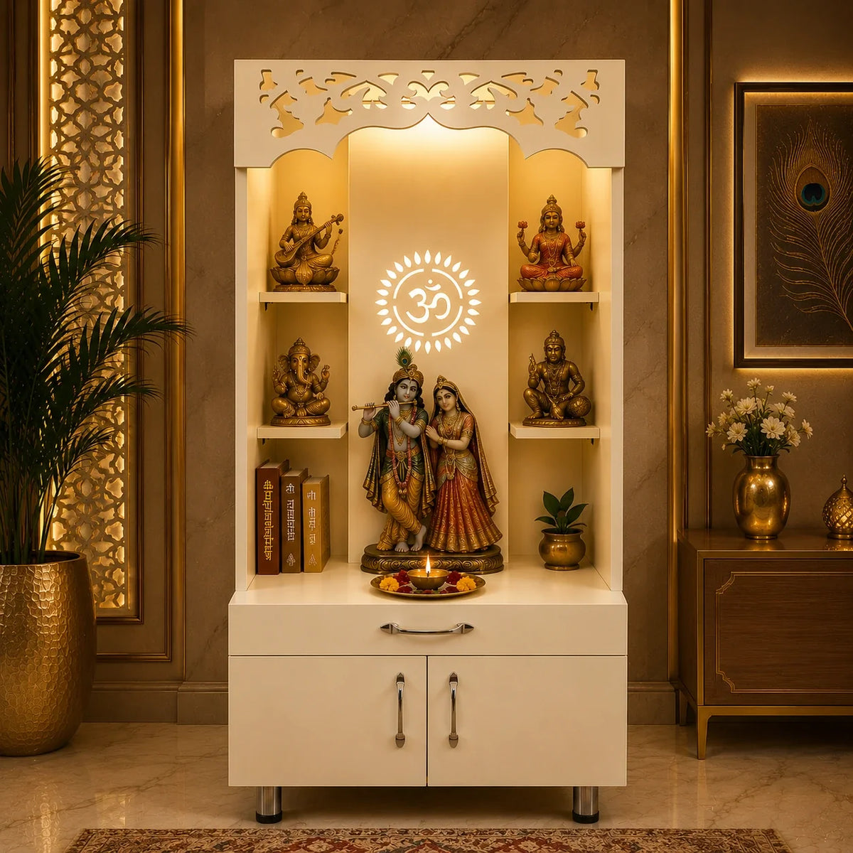 Modern Wooden Pooja Mandir with Om Design Back Panel & Storage Cabinet