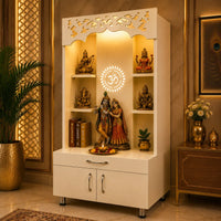Modern Wooden Pooja Mandir with Om Design Back Panel & Storage Cabinet