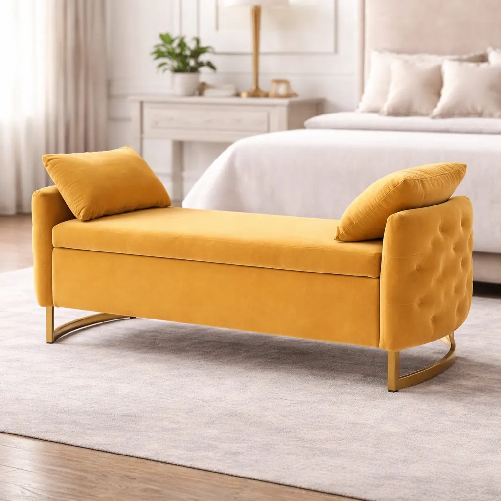 Modern Yellow Upholstered Storage Bench with Gold Legs