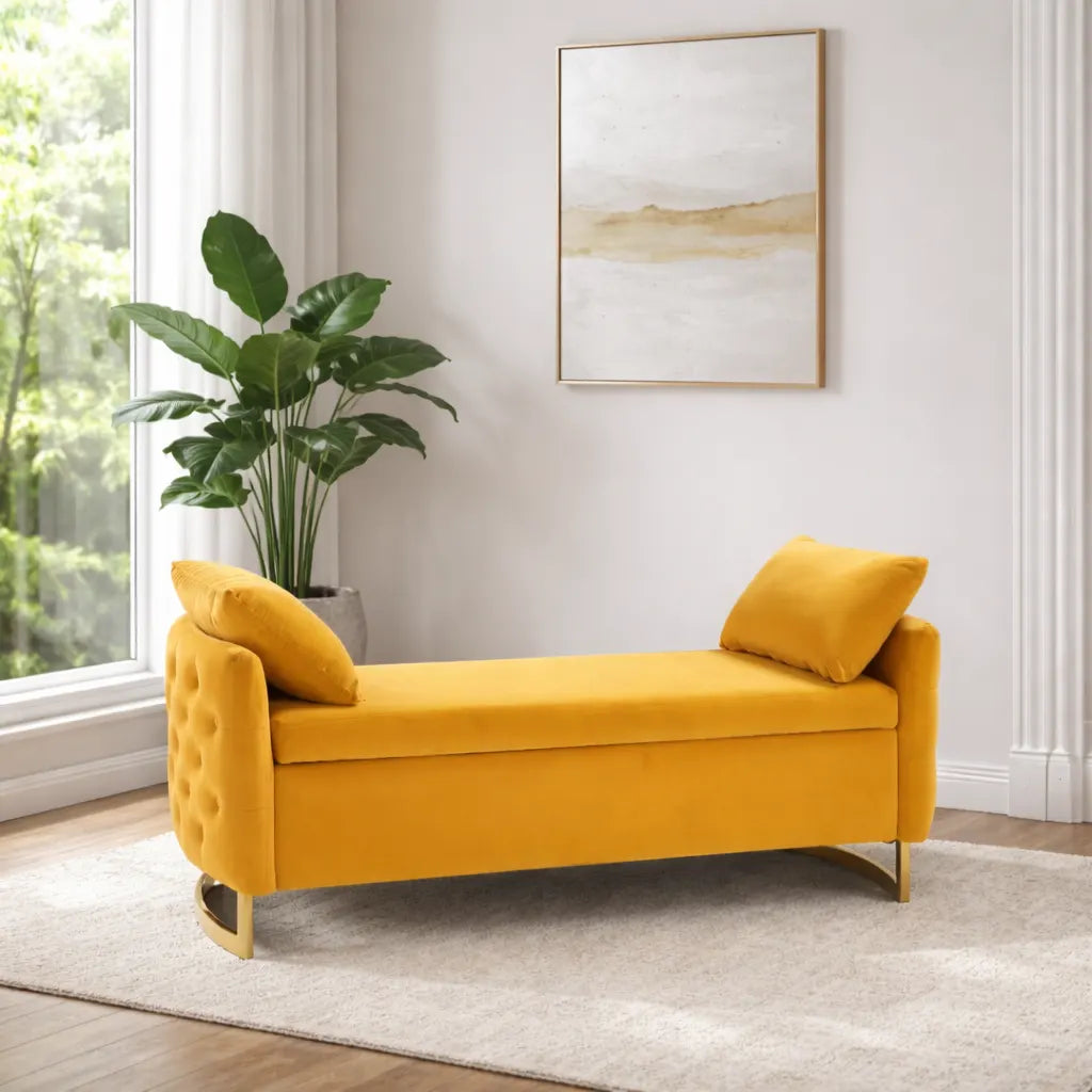 Modern Yellow Upholstered Storage Bench with Gold Legs